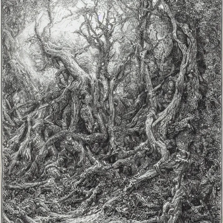 Prompt: an engraving of a knight in a tangled forest at night, wistman ’ s wood by gustave dore, john blanche, ian miller, highly detailed, strong shadows, depth, illuminated focal point