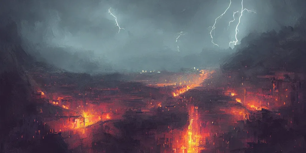 Image similar to a city on a big cliff, eery, scary, dark, lightning, digital art by alena aenami