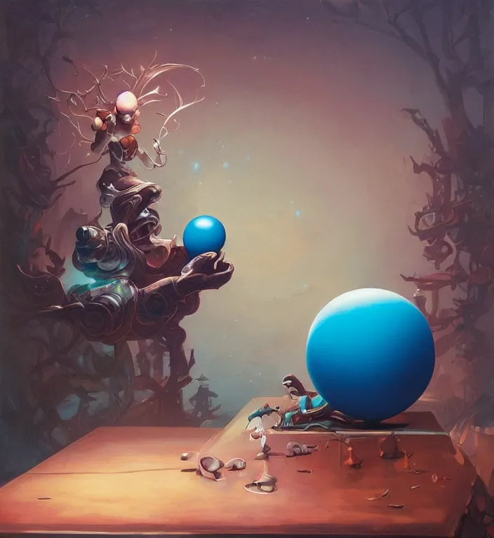 Image similar to a blue ball on a table, artwork by Peter Mohrbacher and Dan Mumford