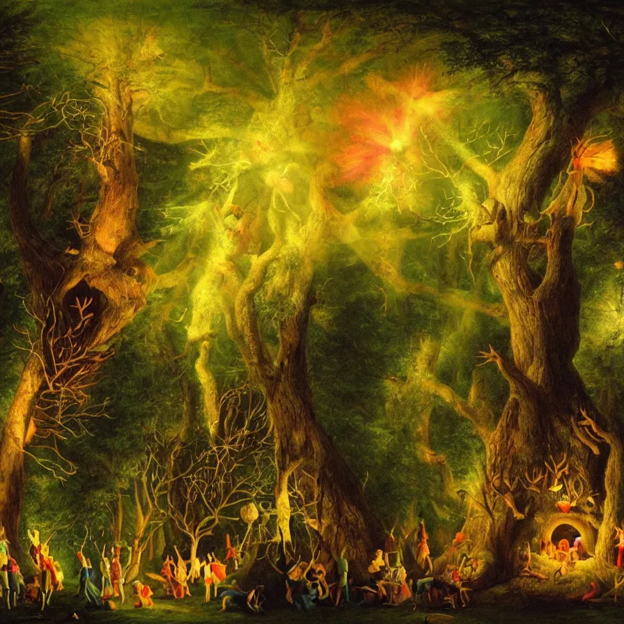 Image similar to closeup of a night carnival inside a tree cavity in a magical forest in the middle of a summer storm, with a music scenario with many fireworks and christmas lights, volumetric lightning, instense god rays in the sky, folklore people disguised with fantastic creatures in a magical forest by summer night, masterpiece painted by george stubbs, very coherent and colorful high contrast masterpiece,