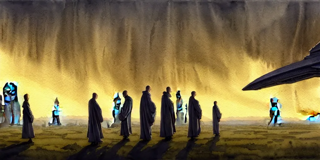 Prompt: a hyperrealist watercolor concept art of a giant alien ship from independence day on the horizon of a futuristic city in stonehenge. a medieval monk in grey robes is in the foreground. golden hour. very muted colors, by rebecca guay, michael kaluta, charles vess. high detail, hq, wide shot, 4 k