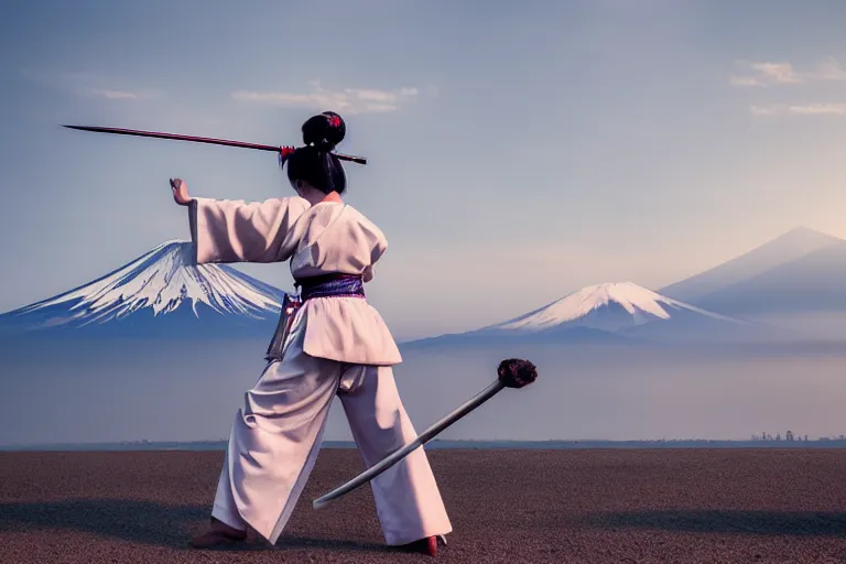 Image similar to beautiful photo of a geisha samurai warrior, mt fuji in the background, mid action swing, shining silver katana sword, award winning photo, muted pastels, action photography, 1 / 1 2 5 shutter speed, dramatic lighting