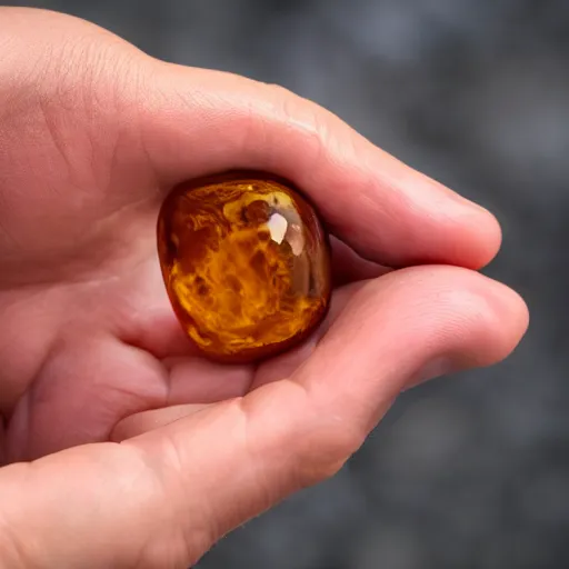 Image similar to human female trapped inside amber stone held in palm of hand