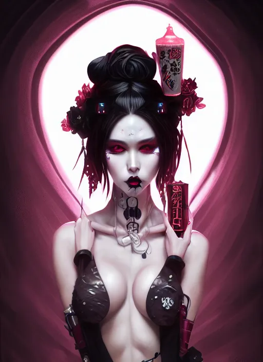 Prompt: soft lustrous ebony geisha seductive raver yakuza gothic cyborg, decay, underworld, dark fantasy, dark art, highly detailed, digital painting, octane render, artstation, concept art, smooth, sharp focus, illustration, art by artgerm, loish, wlop
