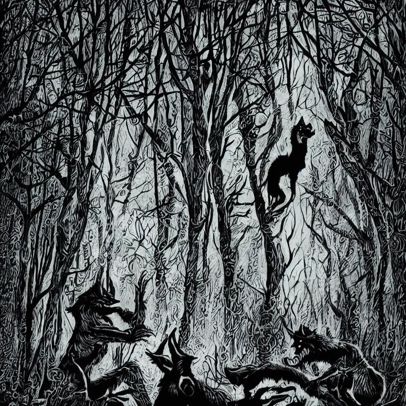 Prompt: werewolf silhouette with many eyes in a dark forest. pulp sci - fi horror art. dark background