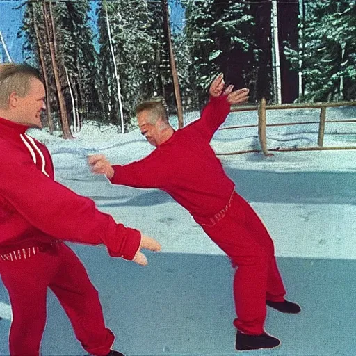 Image similar to two Finnish men dancing awkwardly wearing ugly 1990s tracksuits in front of Finnish log cabin, late 1990s VHS music video