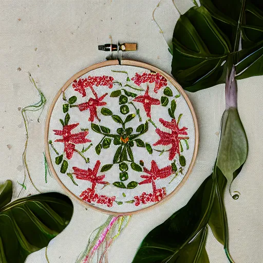 Prompt: a detailed product photograph of a little symmetrical intricately embroidered enchantment that represents abundance and playfulness and that friday feeling, made with tiny delica beads and glitter thread and herbs, organic olive green tones, light leaks