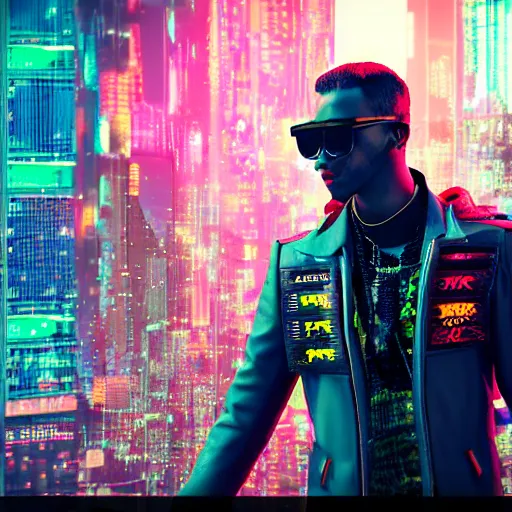 Image similar to colorful cyberpunk with gucci clothes, 8 k, octane render