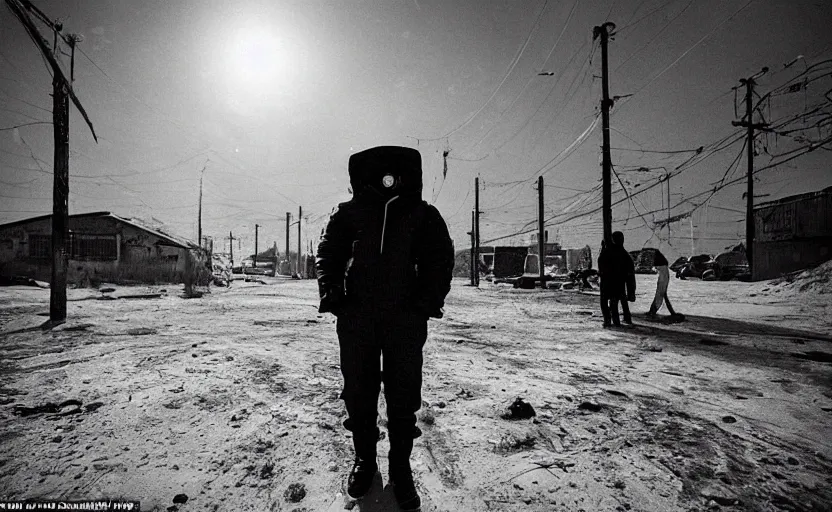 Prompt: In a futuristic space city of Neo Norilsk on the Moon, a Mysterious man is standing in the middle of a close up street photo by Trent Parke, the sun is blinding, a Russian city on the Moon