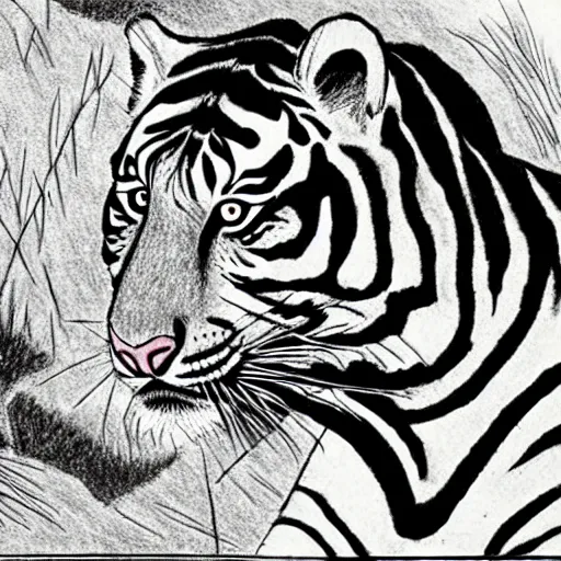 Prompt: traditional japanese tiger drawing by junji ito,