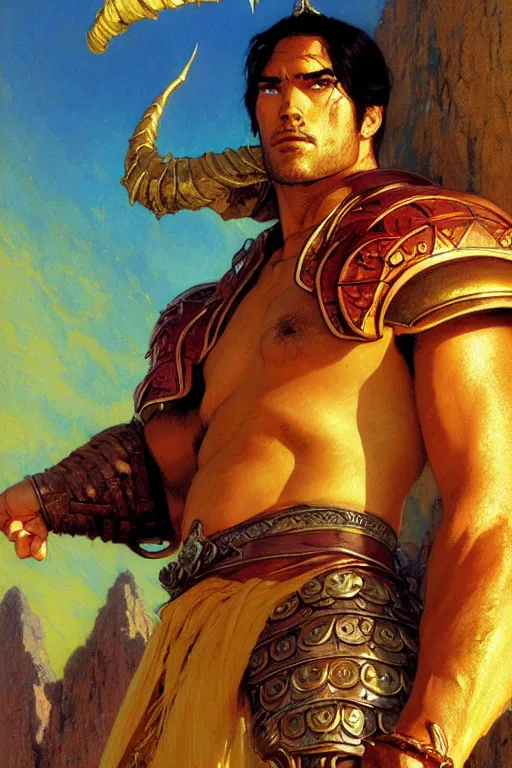 Image similar to tales from earthsea, attractive beefy male with armor, character design, dynamic lighting, cool and bright tint, painting by gaston bussiere, craig mullins, j. c. leyendecker, tom of finland
