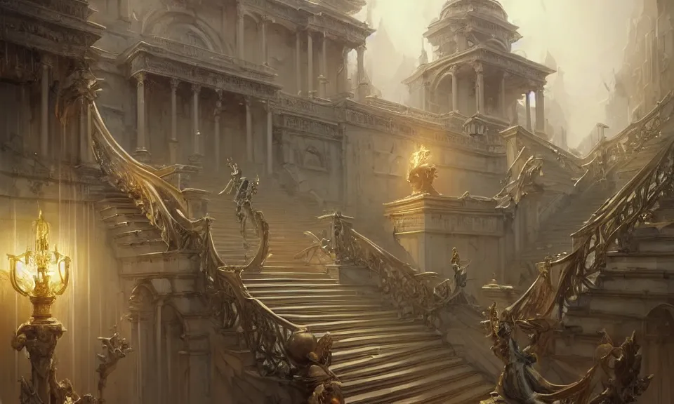 Image similar to straight staircase with ornate statues to heaven, art by greg rutkowski and peter mohrbacher, featured in artstation, octane render, cinematic, elegant, intricate, ultra detailed, rule of thirds, professional lighting, unreal engine, fantasy, concept art, sharp focus, illustration, 8 k