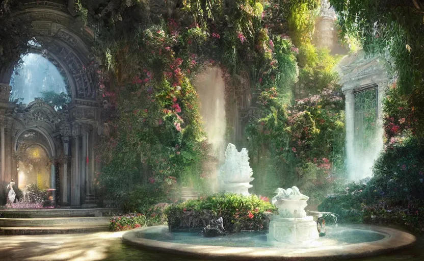 Prompt: Beautiful eden garden, next to a fountain and a mystical palace, intricate, elegant, volumetric lighting, digital painting, highly detailed, artstation, sharp focus, illustration, concept art, ruan jia, steve mccurry