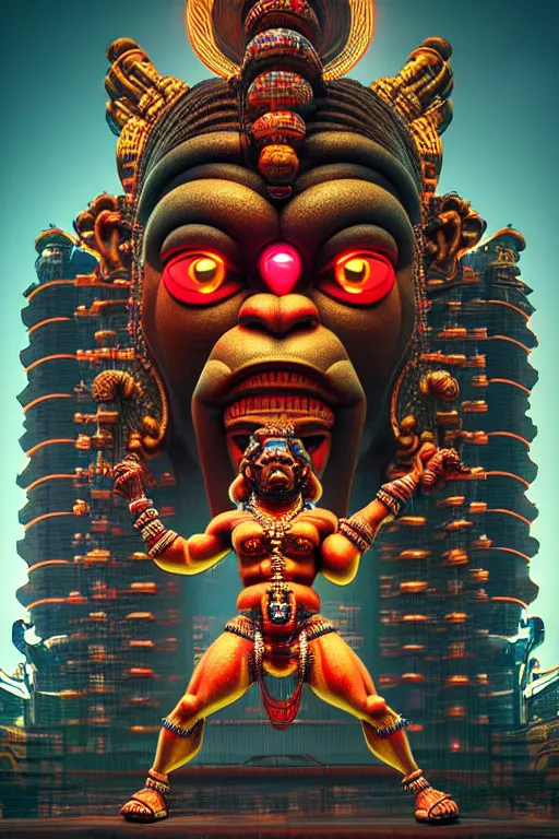 Prompt: high quality 3 d render post - rococo cyberpunk hanuman! head building, neon madhubani, open mouth, highly detailed, in sci - fi mumbai, cinematic smooth unreal engine, lee madgwick & liam wong, dramatic light, low angle, uhd 8 k, sharp focus