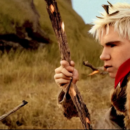 Image similar to a fantasy elf with spiky blonde hair wearing tan overalls and holding a stick of dynamite, high resolution film still, movie by Peter jackson