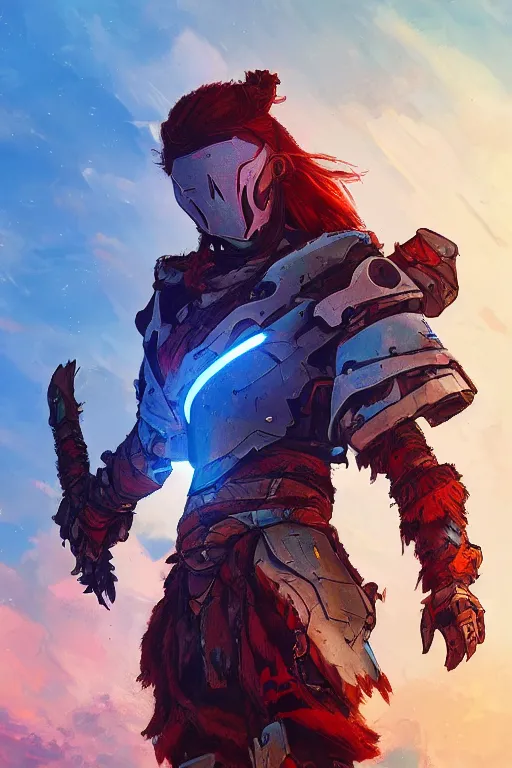 Image similar to combination suit armor aloy horizon forbidden west horizon zero dawn radiating a glowing aura global illumination ray tracing hdr fanart arstation by ian pesty and alena aenami artworks in 4 k tribal robot ninja mask helmet backpack