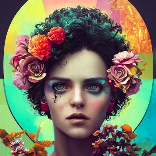 Image similar to Lofi cyberpunk portrait beautiful woman with short brown curly hair, roman face, rainbow, floral, Pixar style, Tristan Eaton, Stanley Artgerm, Tom Bagshaw