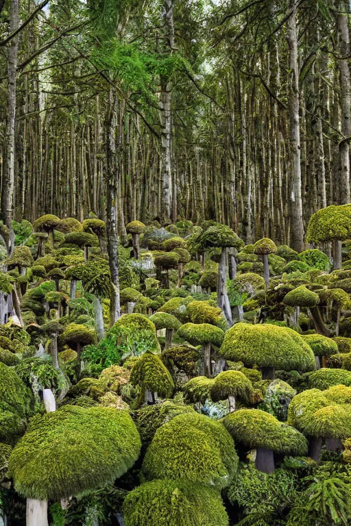 Image similar to lush biennial mushroom forest, evergreen trees, forest floor moss, shimmering radiant light, baroque rococo