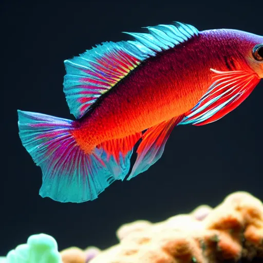 Image similar to a beautiful richly colored beta fish on a black background, full subject in view