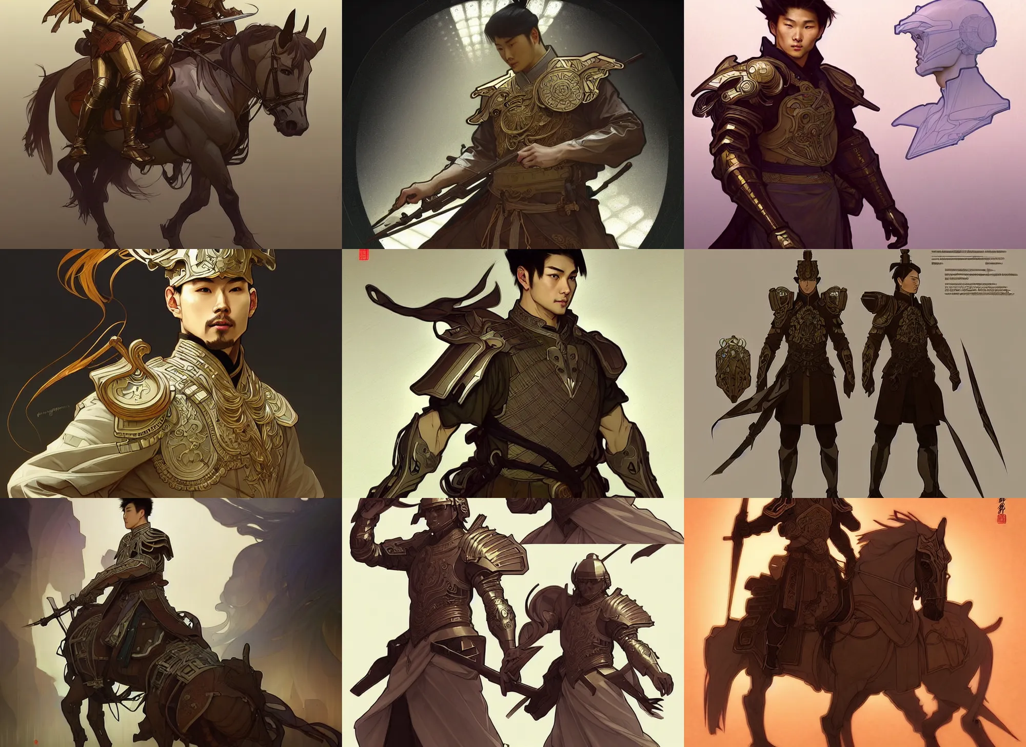 Image similar to a digital concept ar by artgerm and greg rutkowski and alphonse mucha. clear portrait of a lonely attractive men in uniform of tang dynasty!! heavy armored cavalry of the tang dynasty!! light effect. hyper detailed, character concept, full body!! dynamic pose, glowing lights!! intricate, elegant, artstation, concept art, smooth, sharp focus, illustration