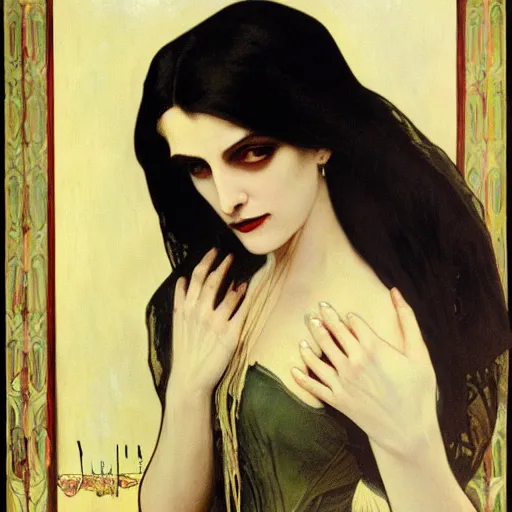 Prompt: A beautiful painting of a lady vampire, victorian, dracula, ominous, oil on canvas, photorealism, alphonse mucha, Johann Heinrich Füssli, irwin penn, high definition, soft light