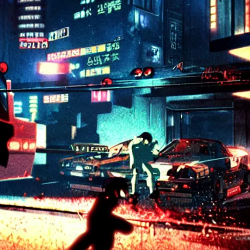 Image similar to 1991 Video Game Screenshot, Anime Neo-tokyo Cyborg bank robbers vs police shootout, bags of money, Police officer hit, Bullet Holes and Blood Splatter, Hostages, Cyberpunk, Anime VFX, Violent, Action, MP5S, FLCL, Highly Detailed, 8k :4 by Katsuhiro Otomo + Studio Gainax + Arc System Works : 8