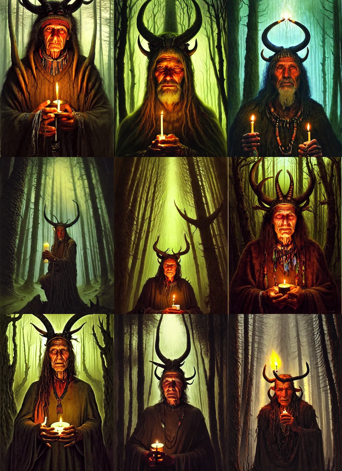 Prompt: a beautiful portrait of a old shaman with horns in head holding a candle in a scenic dark forest environment by john howe, a cathedral in the dark woods, magic, apocalypse, occult, magic