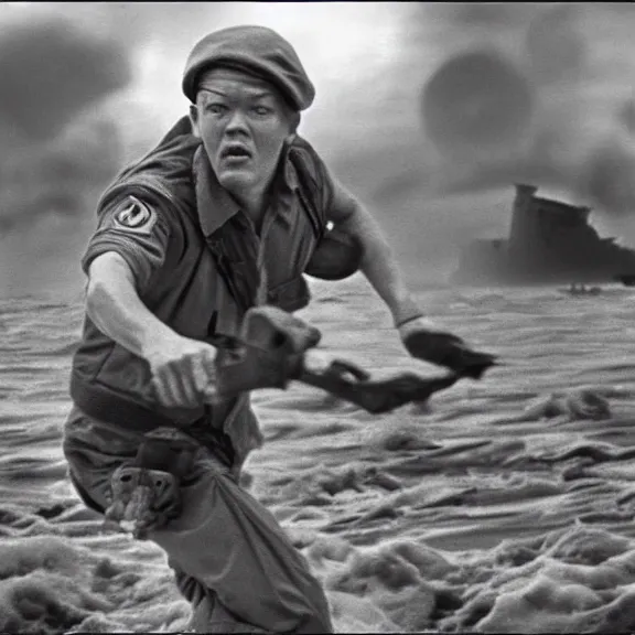 Image similar to photo realistic image of Matthew Lillard as shaggy from scooby doo, storming the beaches of Normandy in 1944, HD, high detail, photorealistic, Hollywood cinematic, Christopher Nolan