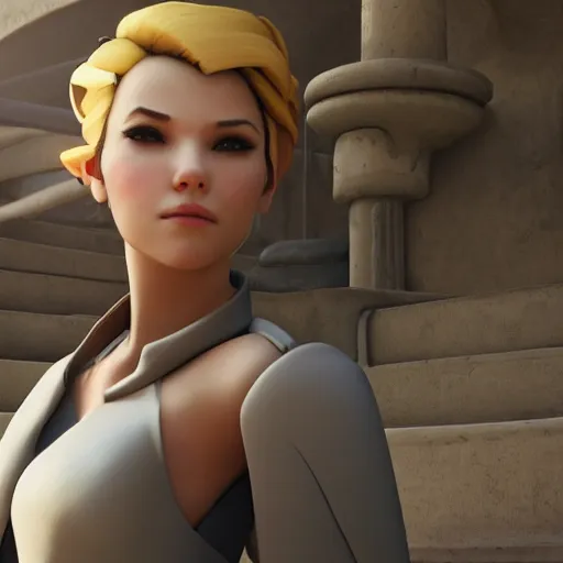 Image similar to film still of a beautiful young woman who looks like a mercy from overwatch in a movie by zack snyder, random background scene