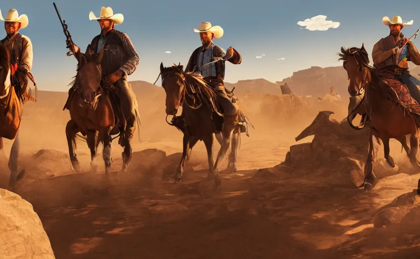 Image similar to 3 western cowboys performing a mexican standoff in a desert, epic, detailed, fantasy artwork, realistic, dynamic lighting, rtx, 4 k