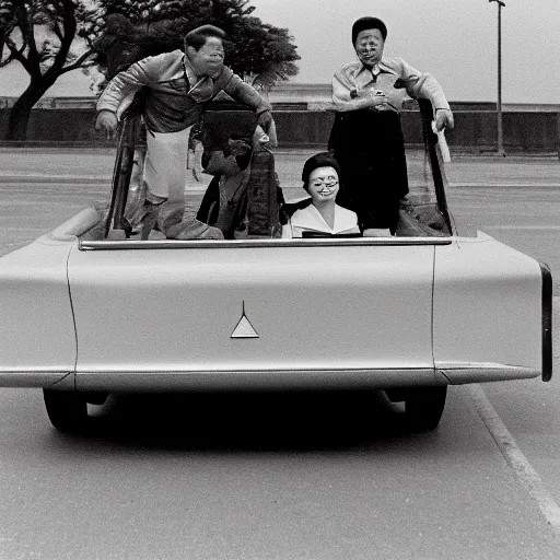 Prompt: 1960s press archive of the actress Kim Jong-il coming out of a car, faces obscured, Reuters, 35mm film, film grain, mysterious exterior, underexposed