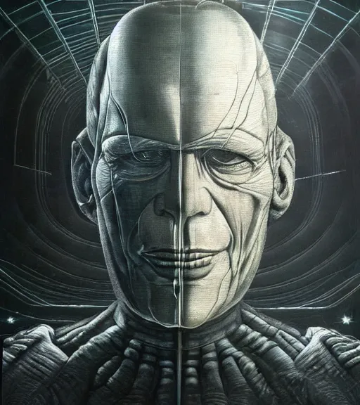 Image similar to profile picture of locutus of borg, surrounded by beams of light dark background by wayne barlow, stanley donwood, anton semenov, zdzislaw bekinski, hr giger, 8 k, fantasy, dark, highly detailed