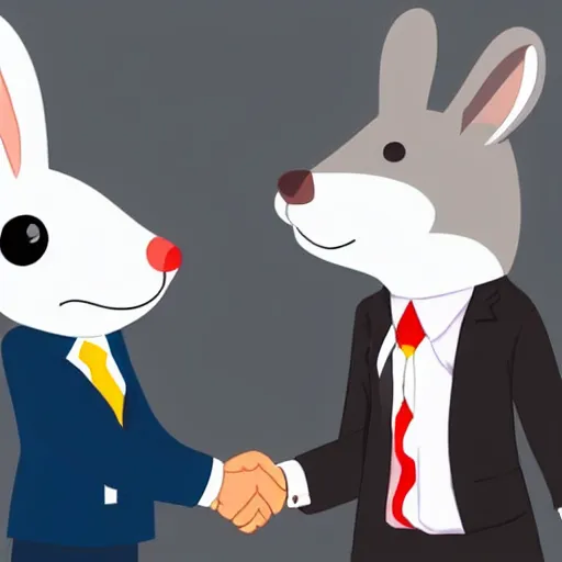 Image similar to a mouse in a suit shaking hands with a rabbit in a suit. Cartoon