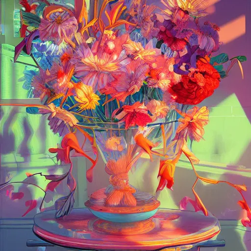 Image similar to a bouquet of colorful flowers, flowers with very long petals,afternoon sunlight, hard light and long shadows, neon glowing, vivid, detailed painting, by James Jean and Ross Tran, masterpiece, award winning painting