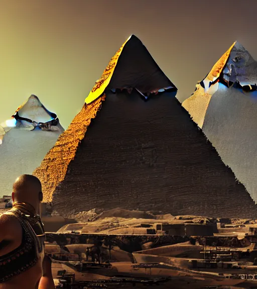 Image similar to a beefy man with a machine gun, egyptian pyramid in the background, 4 k, sharp focus, illustration, highly detailed, cinematic, photorealistic, cyberpunk