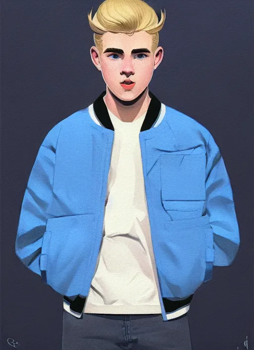 Image similar to portrait of a high school senior boy named moose mason, blonde short hair, jock, beefy, square jaw, square facial structure, 1 9 5 0 s, blue varsity jacket, intricate, elegant, glowing lights, highly detailed, digital painting, artstation, concept art, smooth, sharp focus, illustration, art by wlop, mars ravelo and greg rutkowski