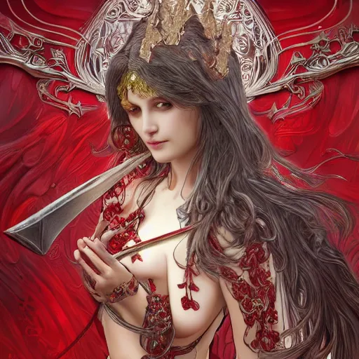 Image similar to red fantasy sword, intricate, elegant, highly detailed, digital painting, 4k, HDR, concept art, detailed jewelry, smooth, sharp focus, illustration, art by Artgerm, H R Giger and Alphonse Mucha