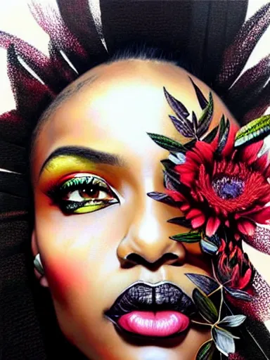 Prompt: portrait of a gorgeous black woman with a floral background : : painted by artgerm, karol bak, artur bordalo, sandra chevrier : : portrait, character, illustration, hyperrealism, photorealism