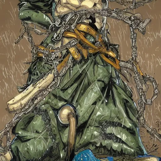 Image similar to A FULL BODY PORTRAIT FROM BEHIND OF MADARA UCHICHA ,THE MAN KEEPS A KUSARIGAMA AND IT IS WRAPPED IN CHAINS ,detailed, concept art, ink style , sketch