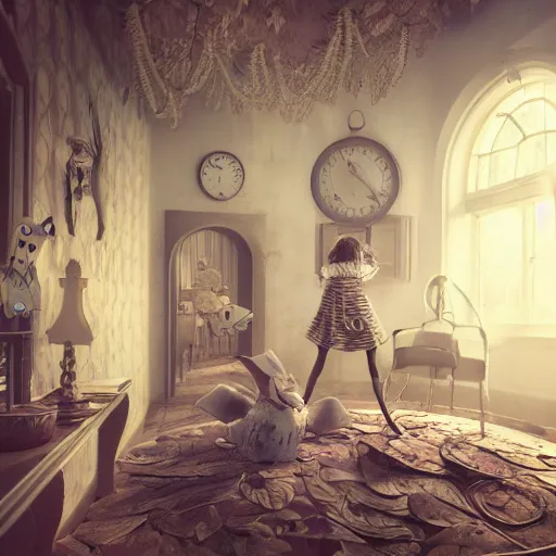 Image similar to alice in wonderland 3 d, horror atmosphere, scarry, octane render, intricate, hyper detailed, morning light, well rendered