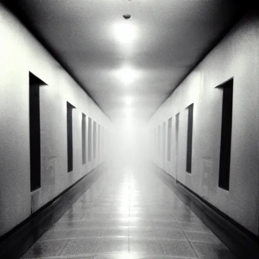 Image similar to Beautiful cameraphone 2000s, soft liminal Photograph of foggy hallway pool growing