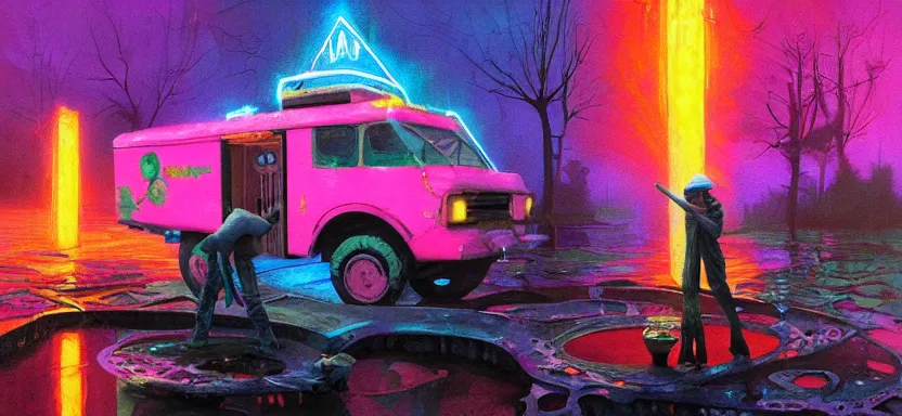 Prompt: beautiful masterpiece painting of a food truck taco vendor in a future radioactive glowing swamp, halo vehicle, grunge cyberpunk, by Remedios Varo and Anato Finnstark and Greg Rutkowski, dayglo pink, dayglo blue, by Craig Mullins, ilya kuvshinov, krenz cushart, artgerm, 8k, trending on ArtStation