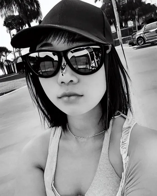 Image similar to low angle iphone HDR photo of beautiful swag Iwakura Lain as a fit slender surfer wearing rayban shades in Florida, 35mm, cinematic, trending on Instagram, trending on ArtStation, by WLOP, 8k, 4k, HD