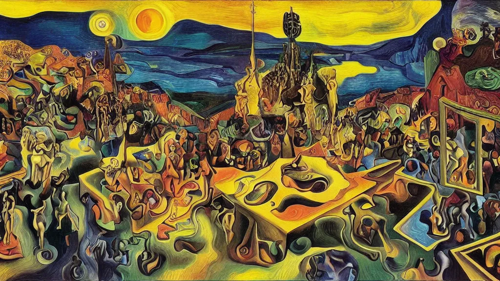 Prompt: unholy gathering, 4K, Futurism & Harlem Renaissance, colorized, by collaboration of Salvador Dali, Van Gogh and M. C. Escher