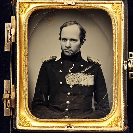 Image similar to daguerreotype of olaf scholz wearing a 1 9 th century prussian officer uniform, very detailed, very intricate,