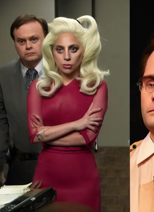Prompt: lady gaga looking at the camera as if she was in the office ( 2 0 0 5 ), detailed background, next to dwight schrute.