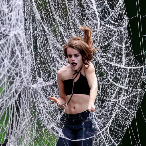 Prompt: emma watson hanging and trapped in giant spider webs with face covered