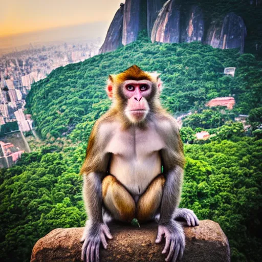 Image similar to high quality portrait of a monkey in front of Christ The Redeemer, studio photograph, photograph, realistic photo, 8k photo, 4k photo, stock photo, high resolution, cinematic shot, high detail