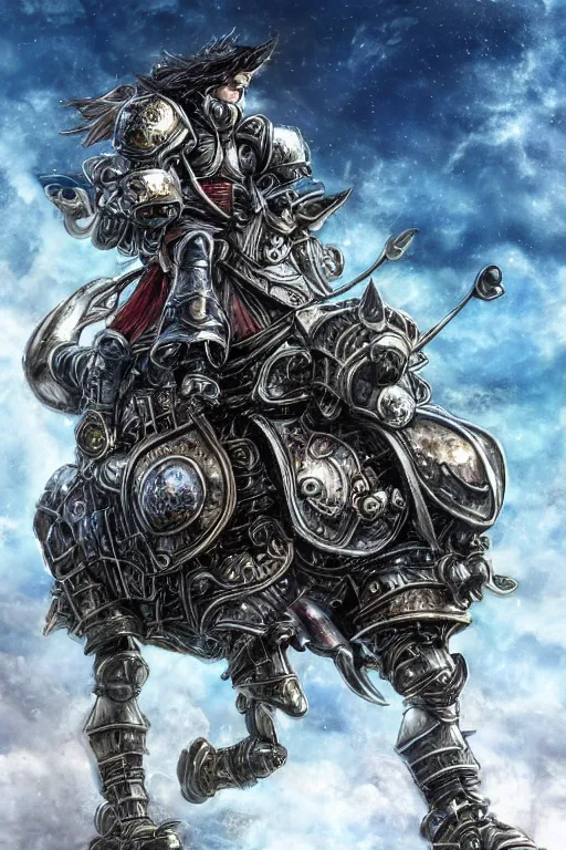 Image similar to a full body shot of an azure knight riding a mechanical steampunk horse across the sky by Kentaro Miura, Wolf themed armour, moonlit, colored by Ronda Pattison, heavy armor, blue flame trail, dark colors, highly detailed, trending on artstation, CGsociety, exquisite detail, post-processing, masterpiece, volumetric lighting, cinematic, hypermaximalistic, high details, cinematic, 8k resolution, beautiful detailed, insanely intricate details