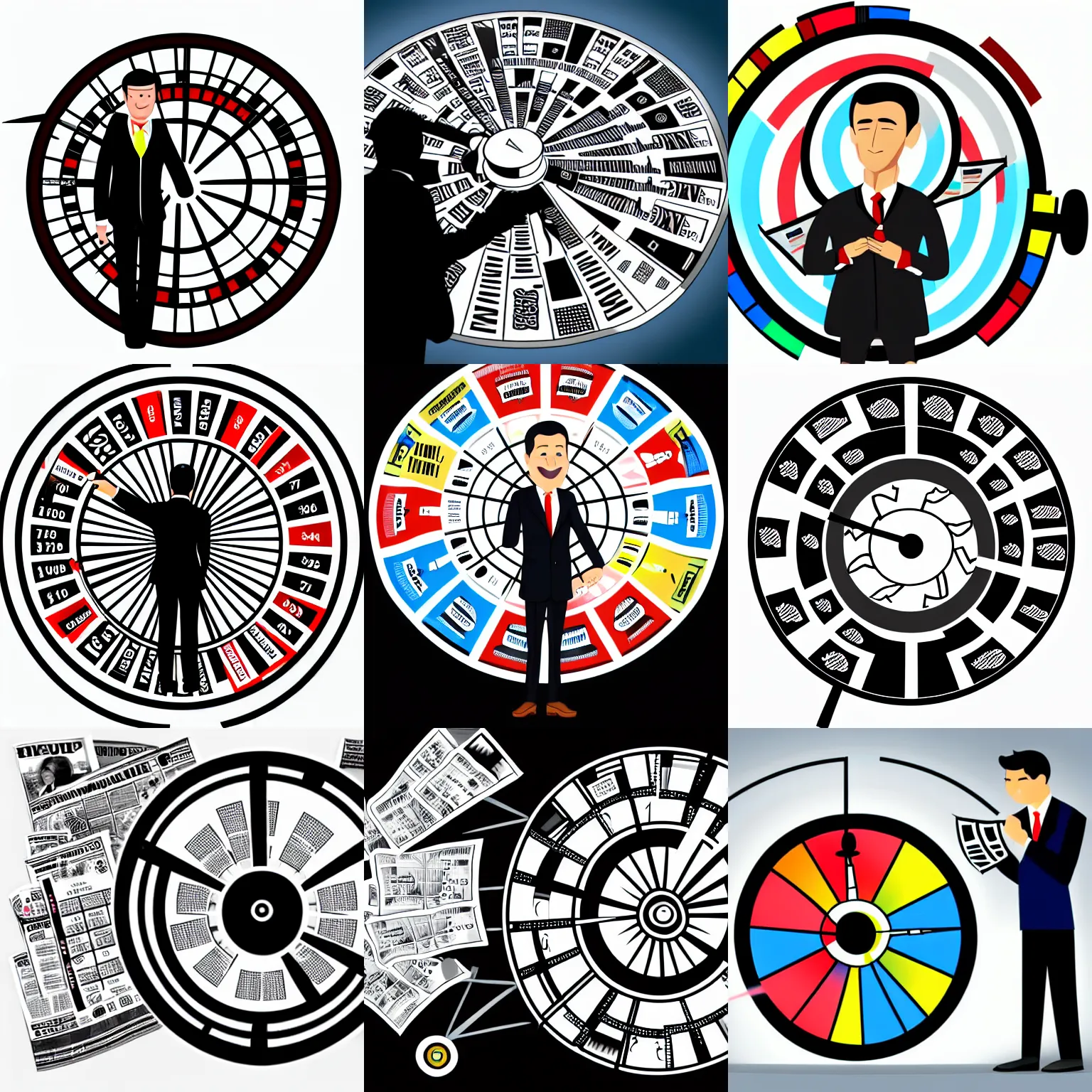 Prompt: man wearing suit spinning price wheel, money, cartoon,newspaper illustration , caricature, b&w, jet fighter background